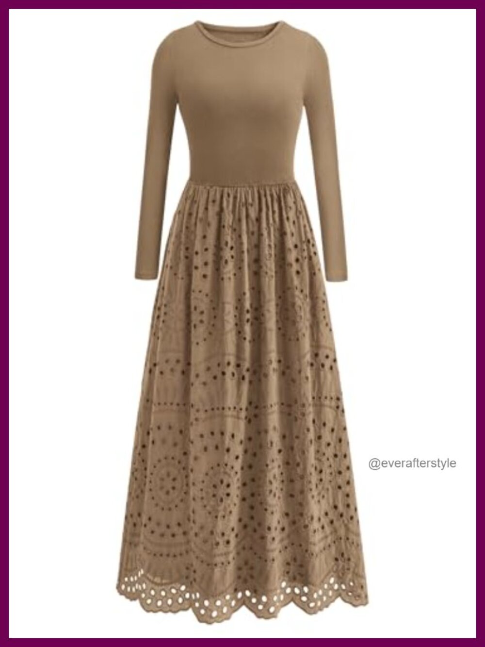 Women's Long Sleeve Eyelet Maxi Dress A-Line Cotton Blend Pockets